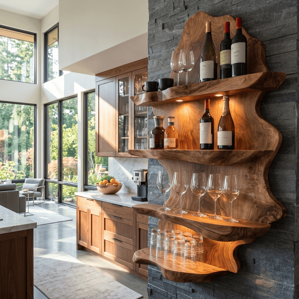 Live edge solid wood wall wine rack with integrated LED spotlights for elegant dining and entertaining areas