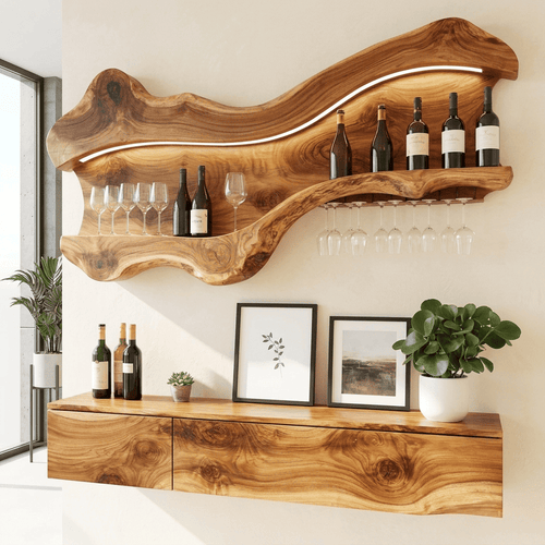 Sculptural Live Edge Solid Wood Wall Wine Rack with Backlit LED & Stemware Glass Holder