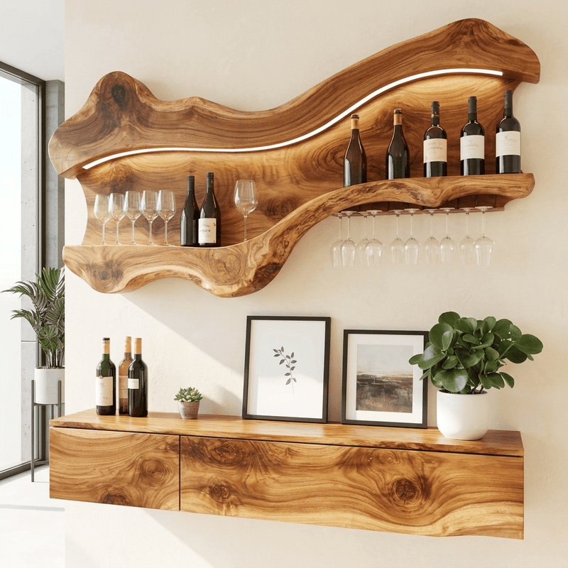 Sculptural live edge wall wine rack with LED and glass holder in solid wood