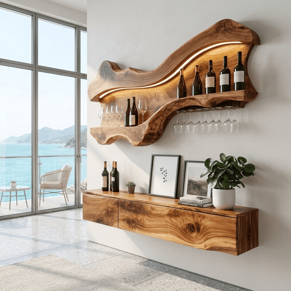 Sculptural solid wood live edge wine rack with LED lighting styled in a modern dining room