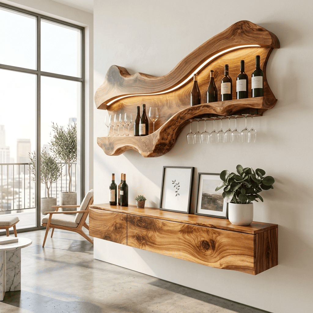 Contemporary natural wood wall mounted wine rack with glass holder for a cozy home bar nook