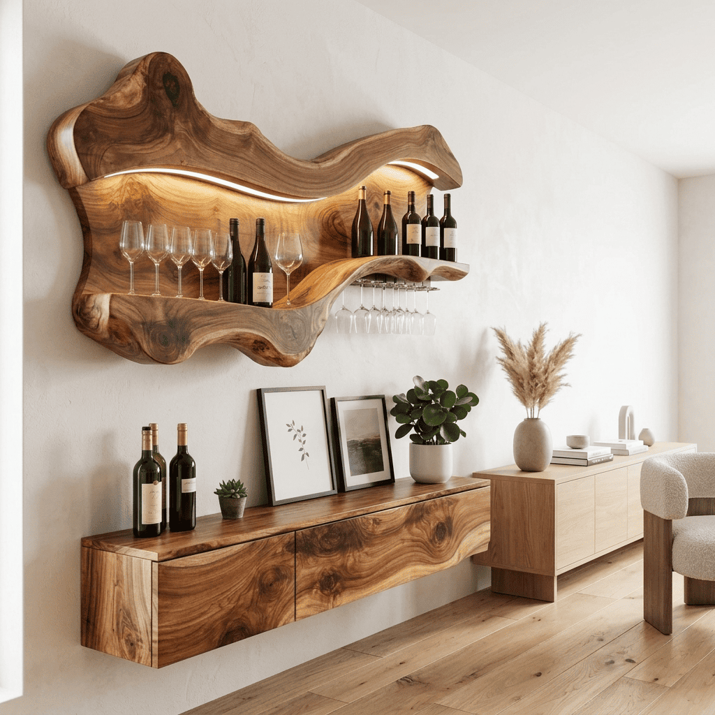 Organic live edge solid timber wine and stemware rack elevating an ambient living room entertaining area