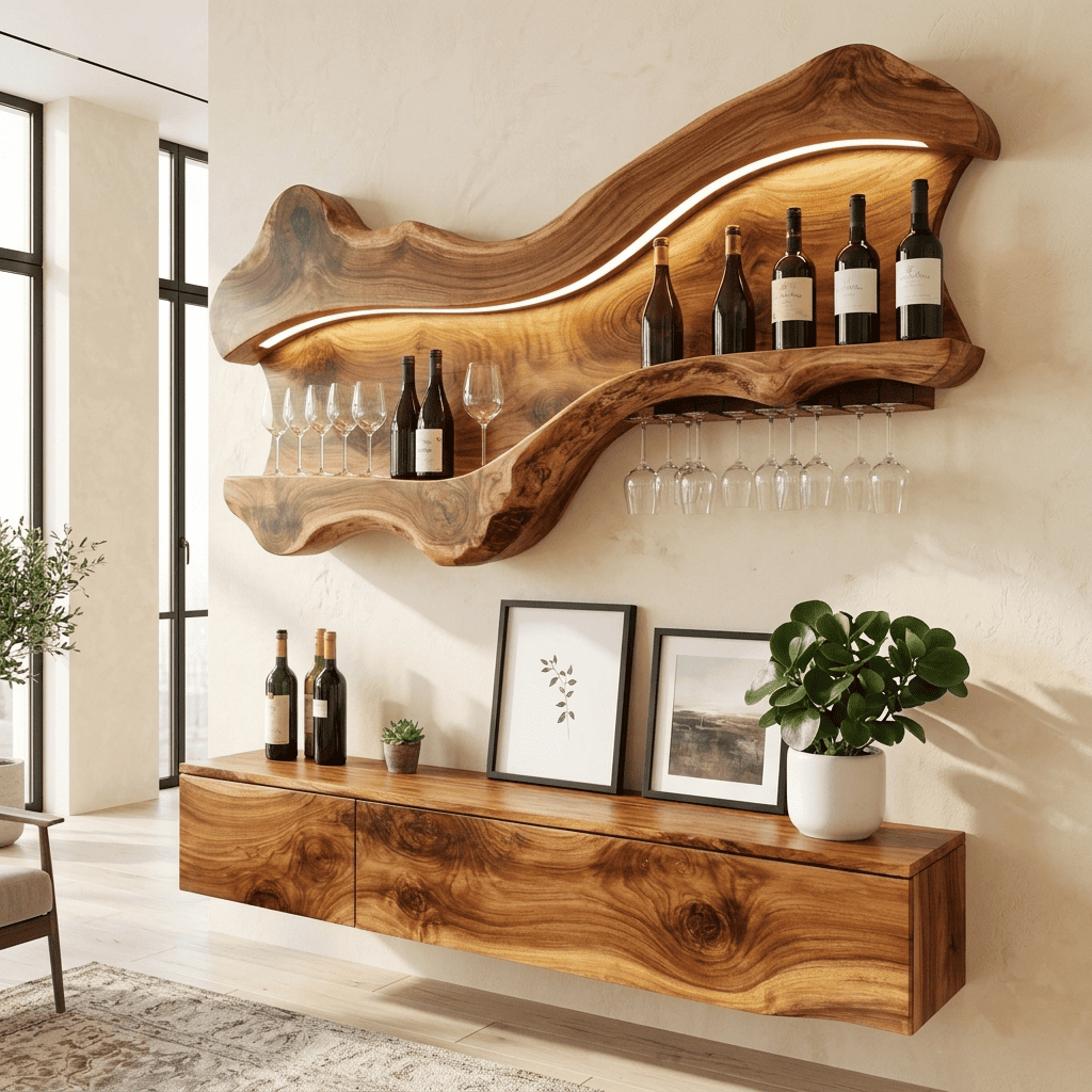 Rustic solid wood backlit wine display shelf mounted in an elegant open-concept kitchen