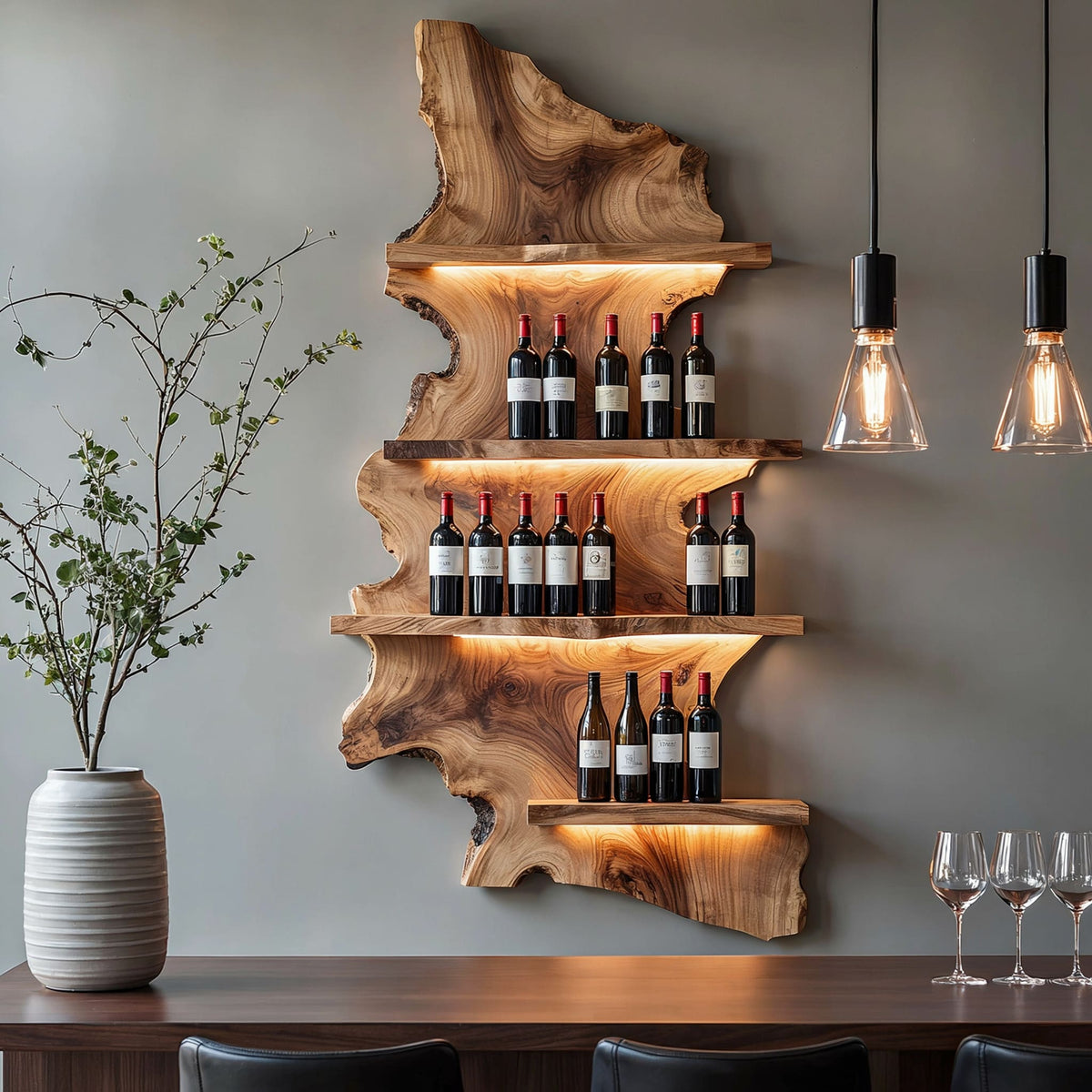 Live edge wooden wine shelf displaying bottles in a contemporary home bar