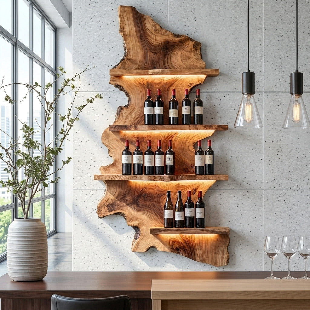Natural wood wine storage shelf creating an elegant entertaining space