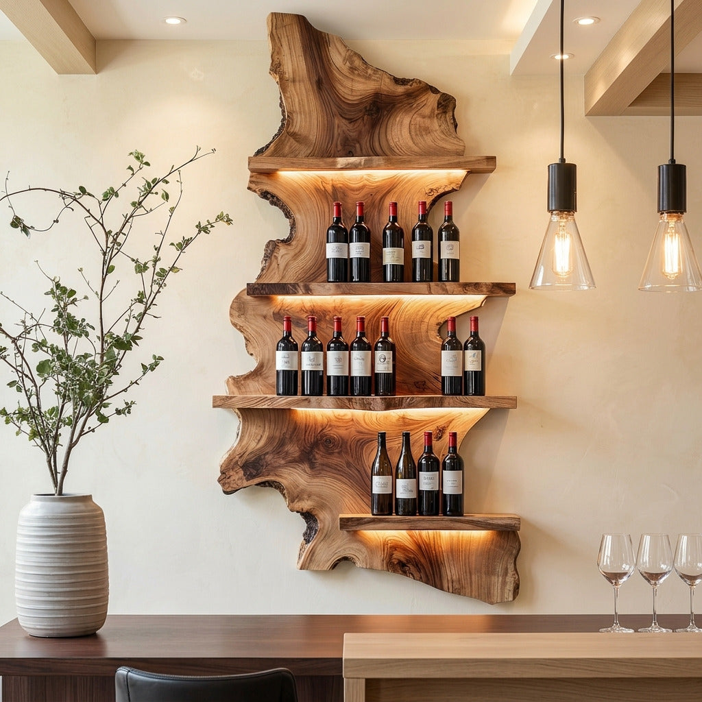 Sculptural live edge wine display shelf in solid wood