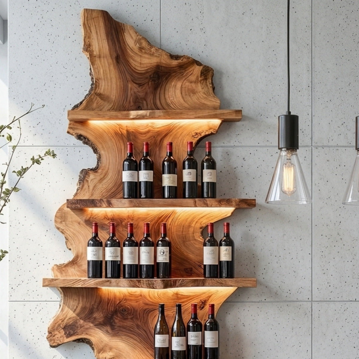 Modern solid wood wine storage shelf with live edge