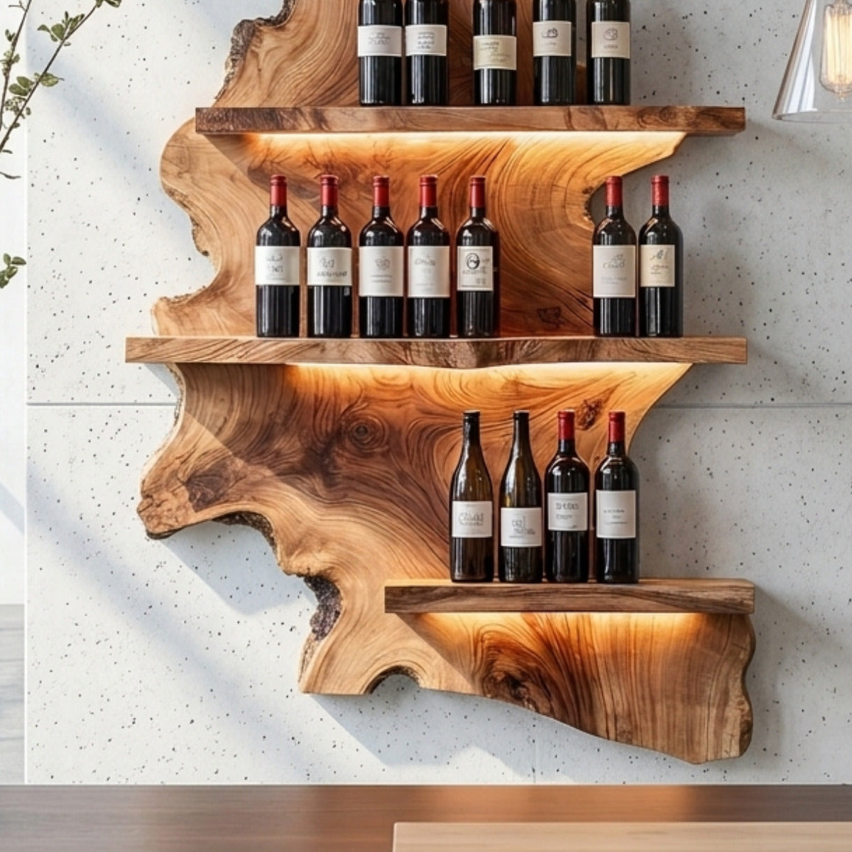Artisan wooden wine display shelf with sculptural design