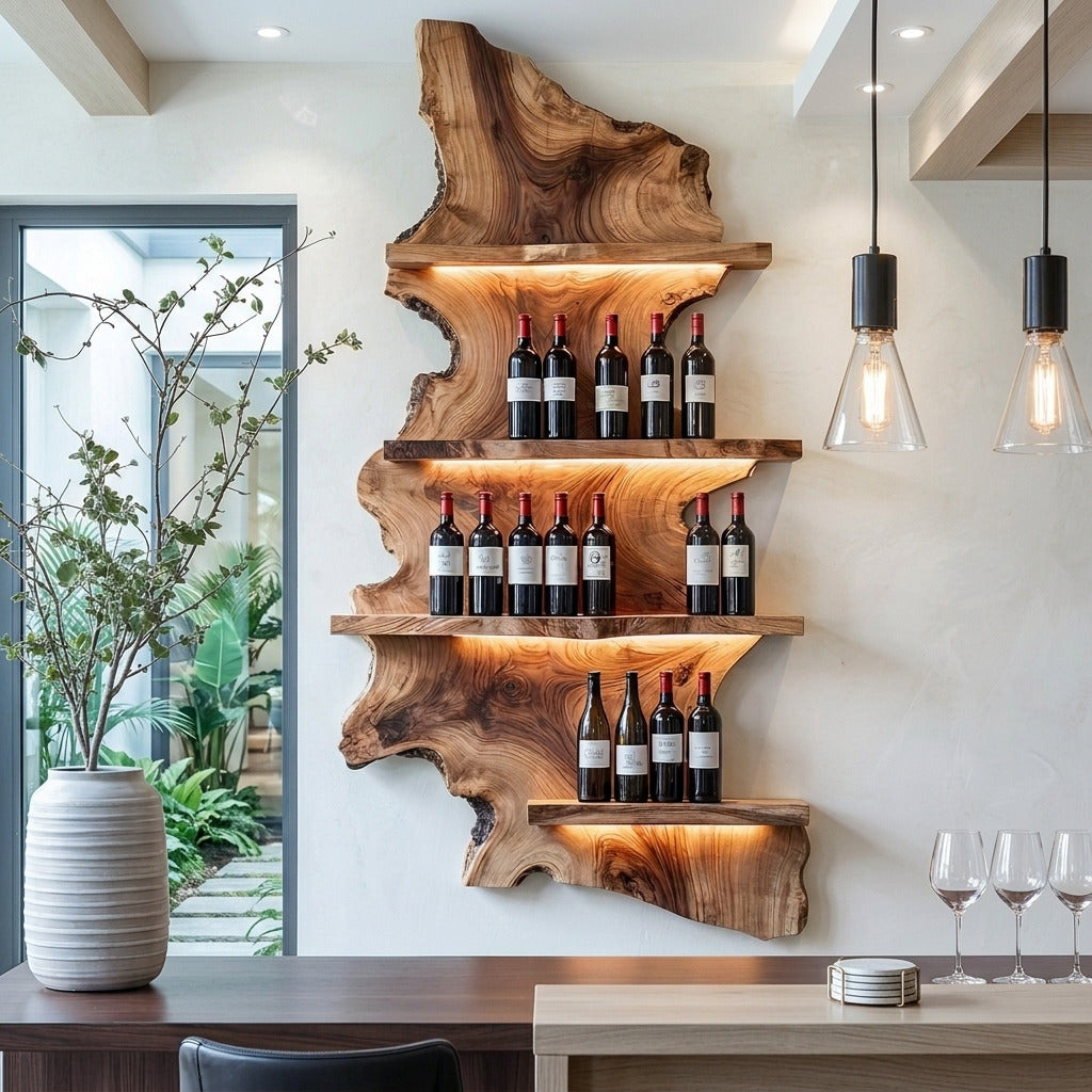 Sculptural solid wood wine display shelf in a modern dining room