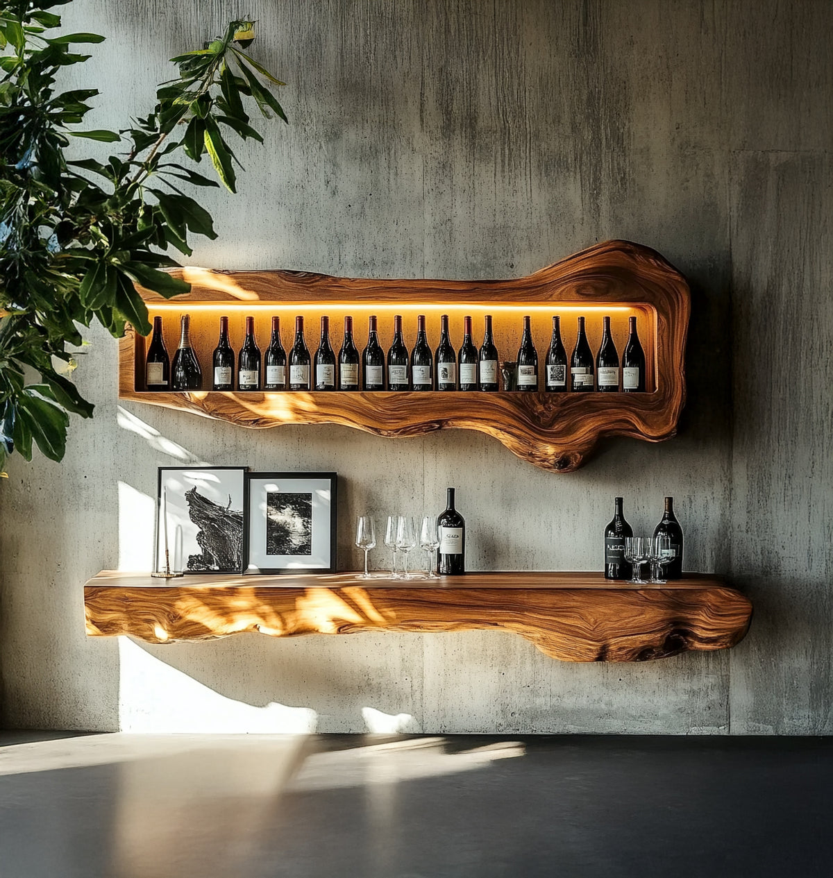 Sculptural live edge wine shelf with LED lighting