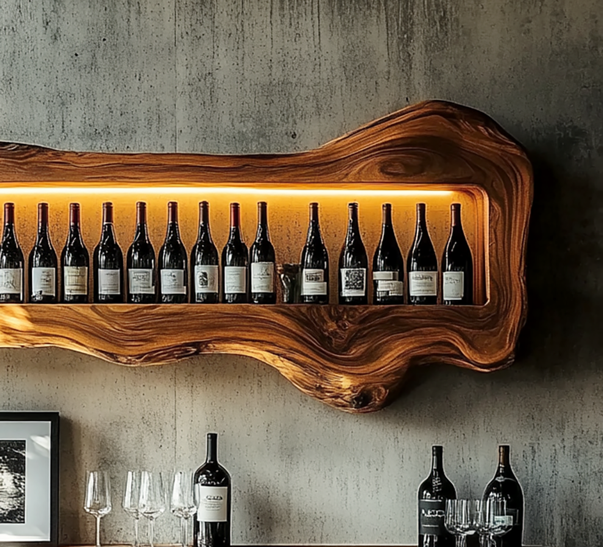 Solid wood wine display shelf with natural live edge design