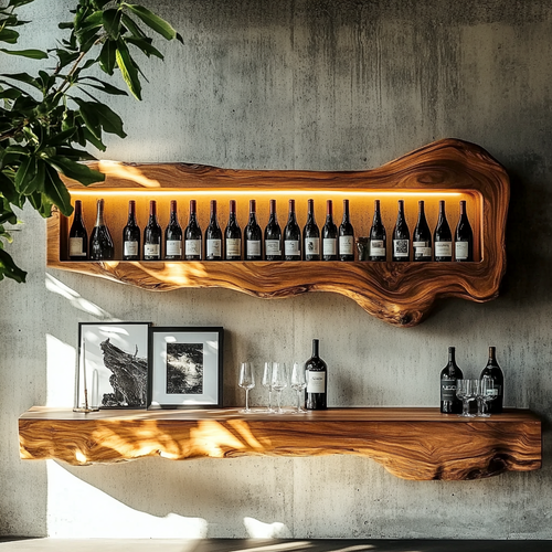 Sculptural Live Edge Solid Wood Wine Shelf with LED Lighting