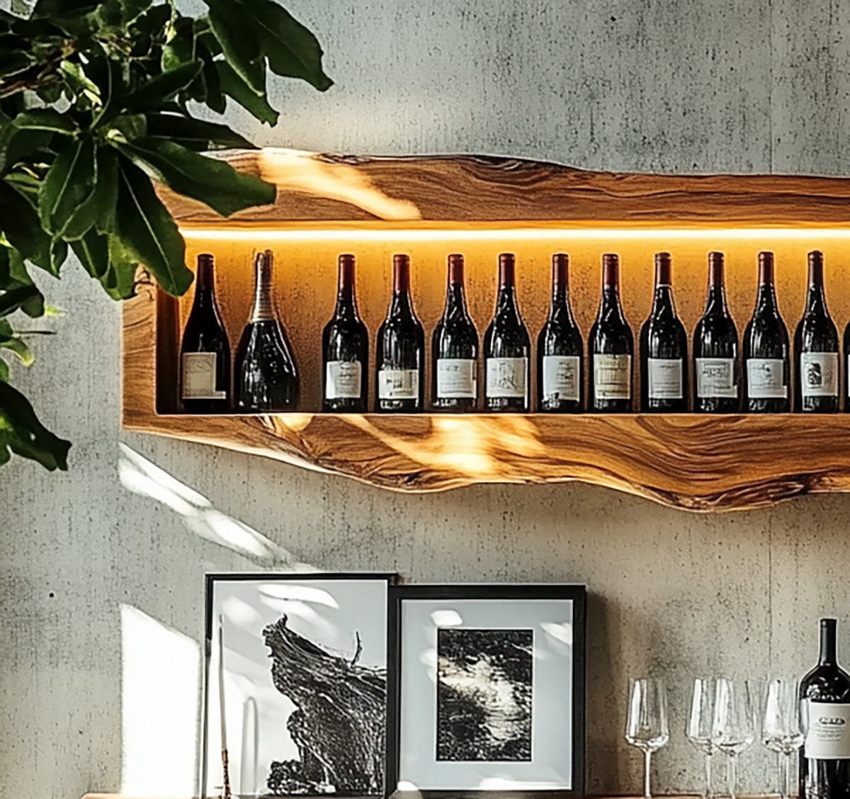 Wooden wine storage shelf with built in LED illumination
