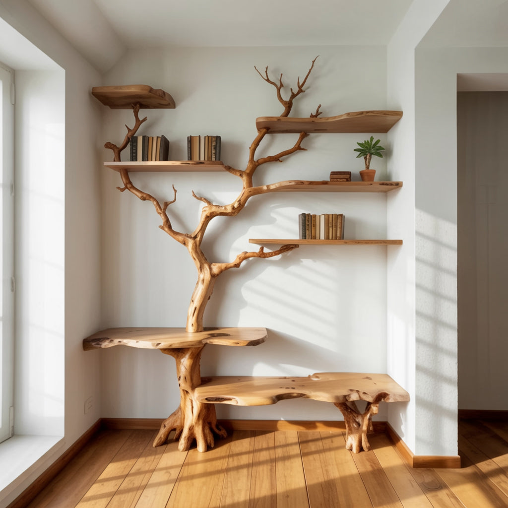 Organic modern wall shelf with natural live edge detailing