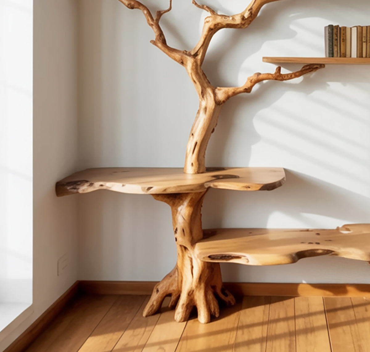 Handcrafted floating wood bookcase with branch inspired design