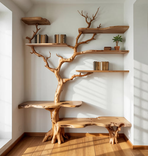 Sculptural Live Edge Tree Branch Bookshelf – Handcrafted Floating Solid Wood Bookcase