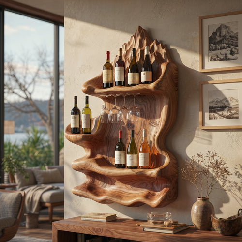 Sculptural Mountain Ridge Solid Wood Wine Rack - Hand-Carved Wall Bottle & Glass Display