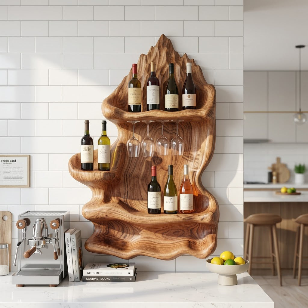 Artistic solid wood bottle and glass display enhancing a contemporary dining space