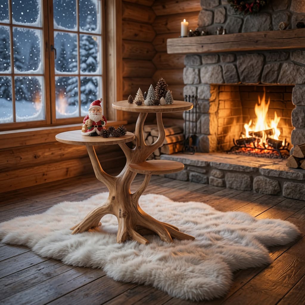 Christmas-inspired wooden side table in a contemporary living room
