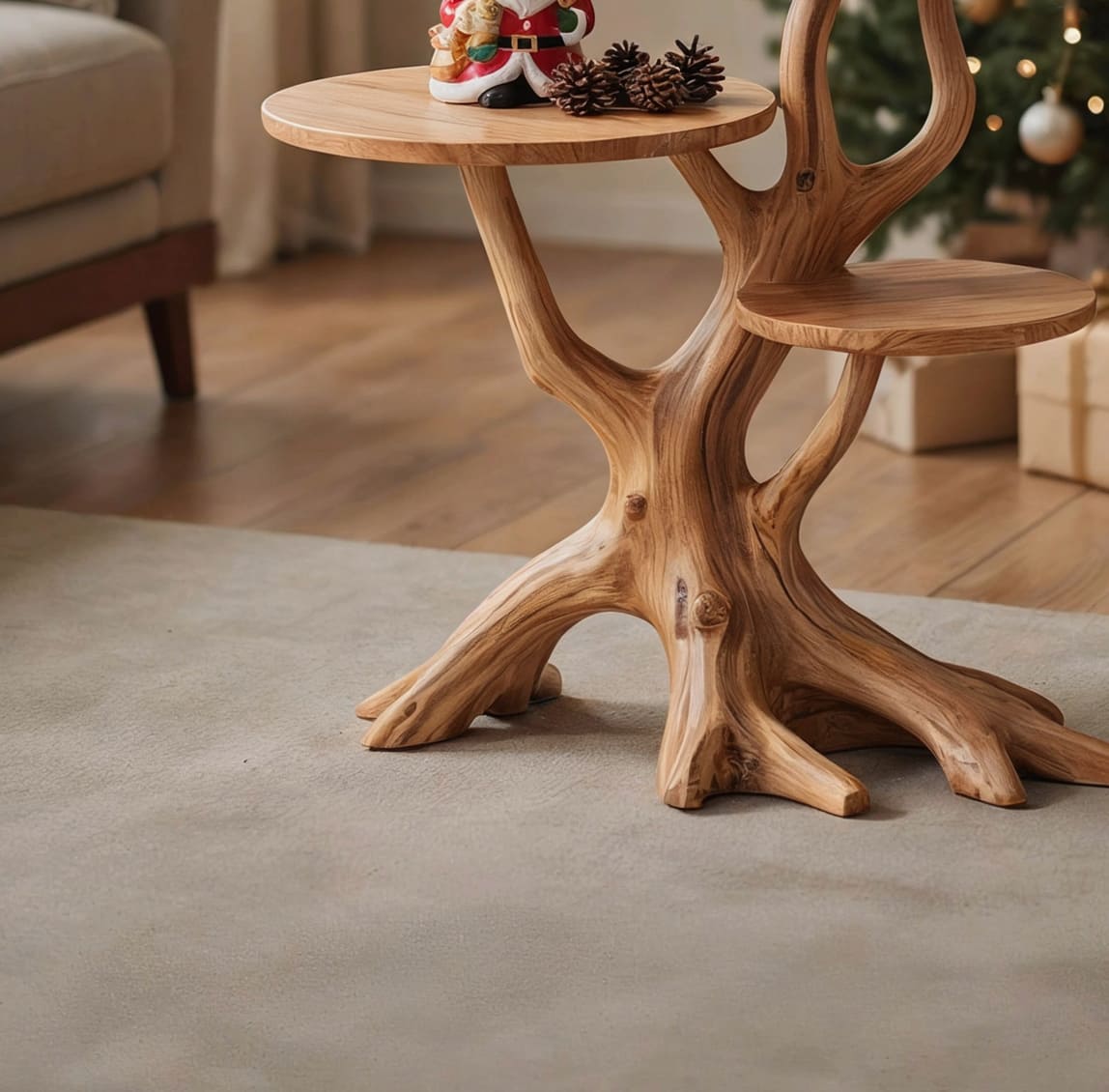Artistic solid wood accent table with sculptural design