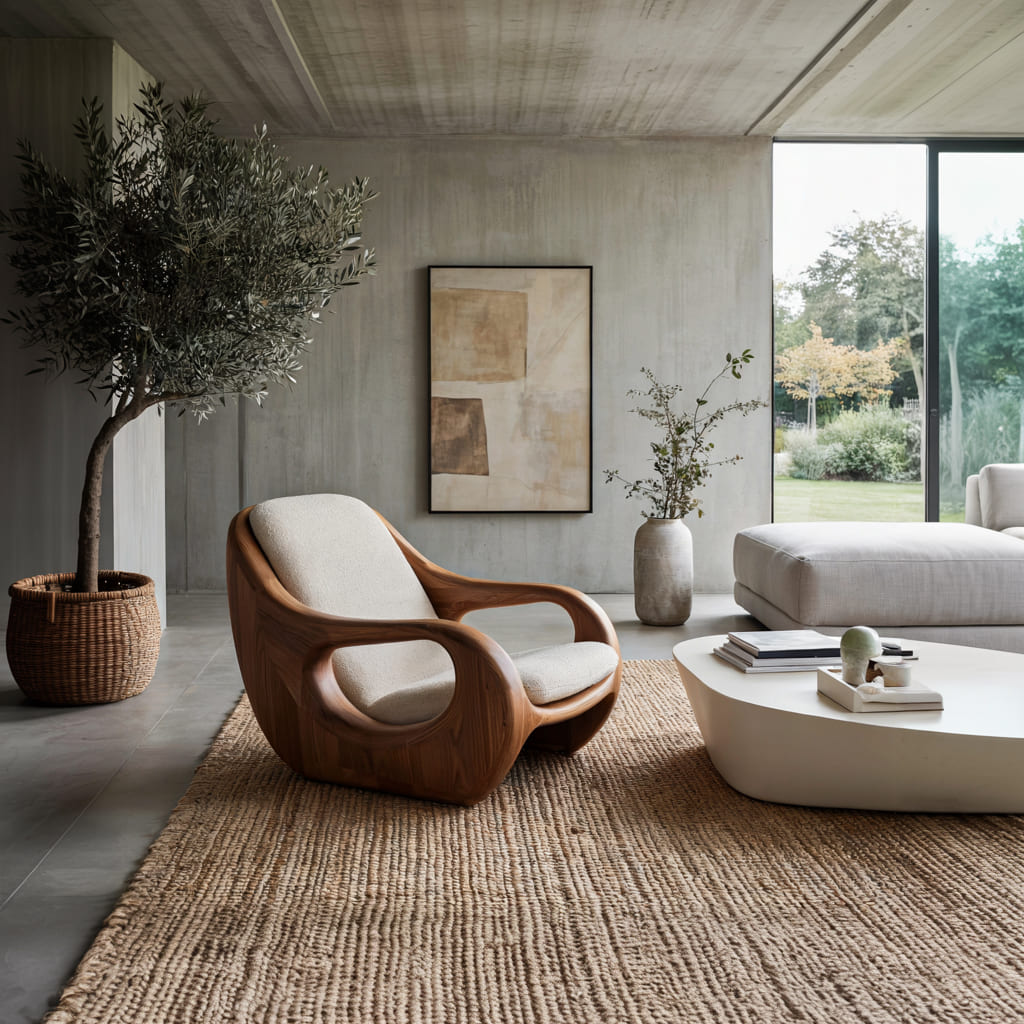 Minimalist sculptural solid wood chair styled in a modern artistic living room