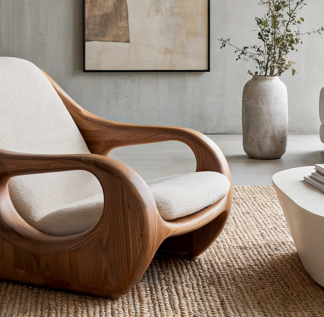 Organic solid wood lounge chair in a cozy contemporary home decor setting