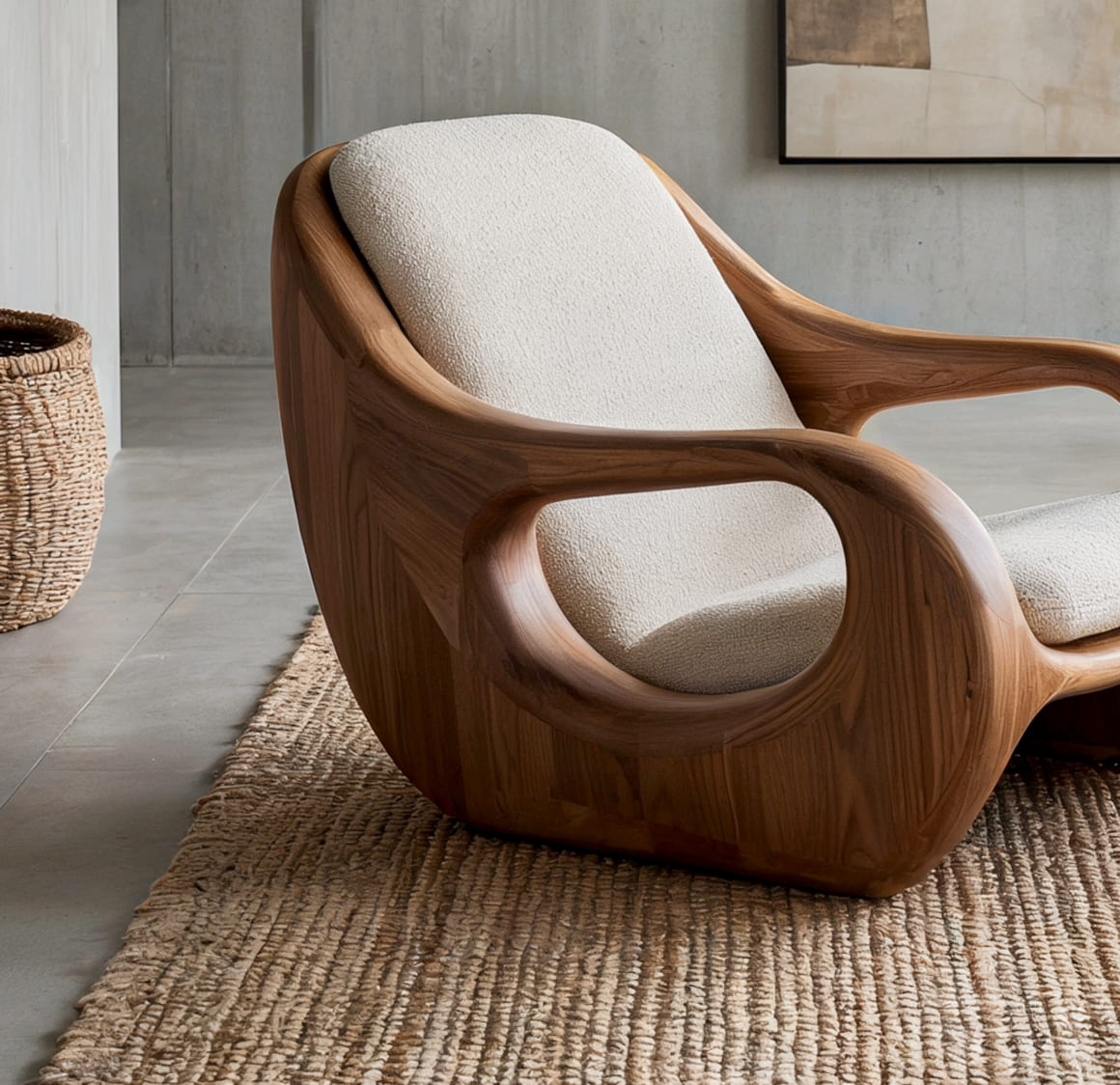 Elegant sculptural natural wood chair with fluid ergonomic form in solid wood