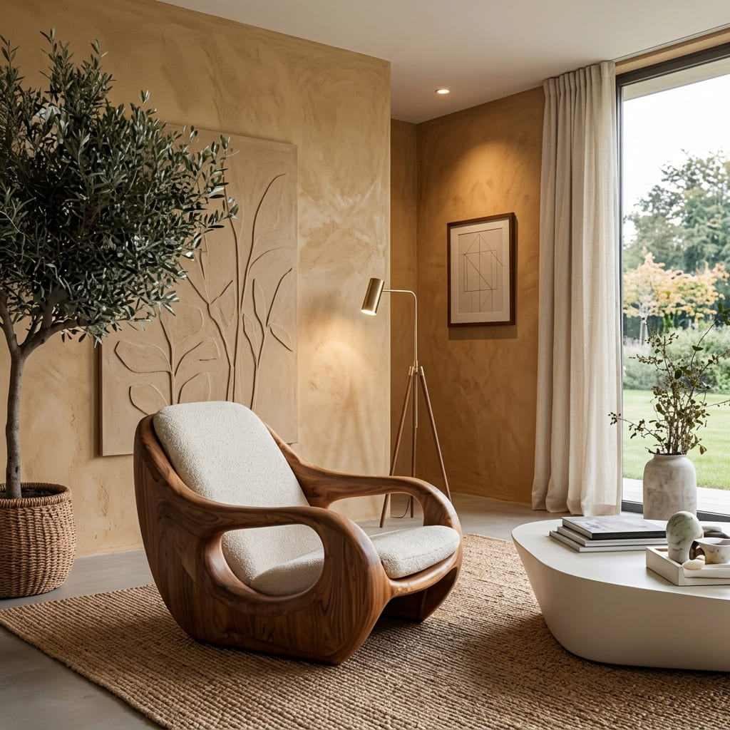 Minimalist sculptural solid wood chair styled in a modern artistic living room