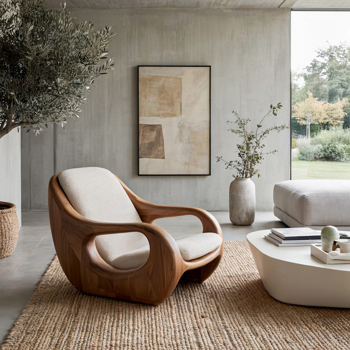 Artistic sculptural wooden lounge chair crafted from premium solid wood