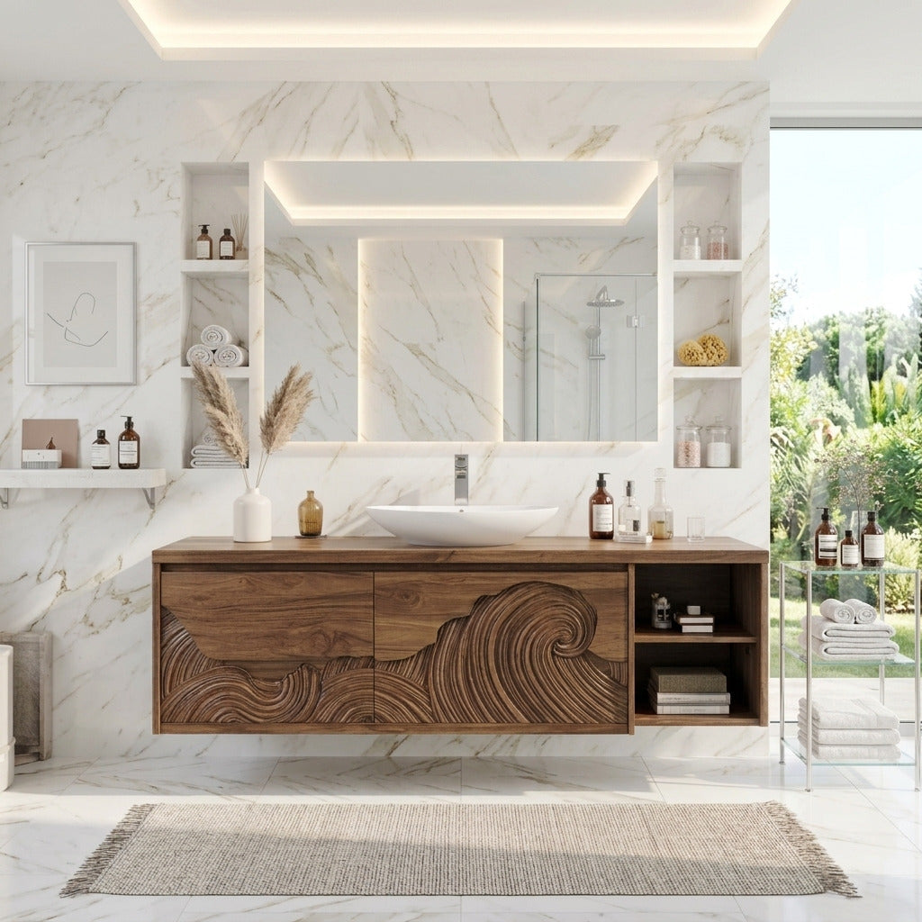 Sculptural floating wooden bathroom vanity crafted from solid wood