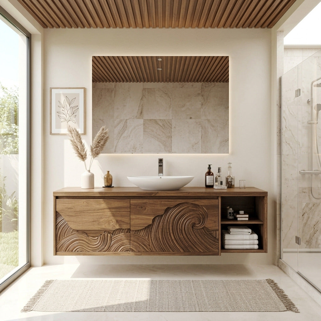 Sculptural solid wood floating bathroom vanity in a modern bathroom