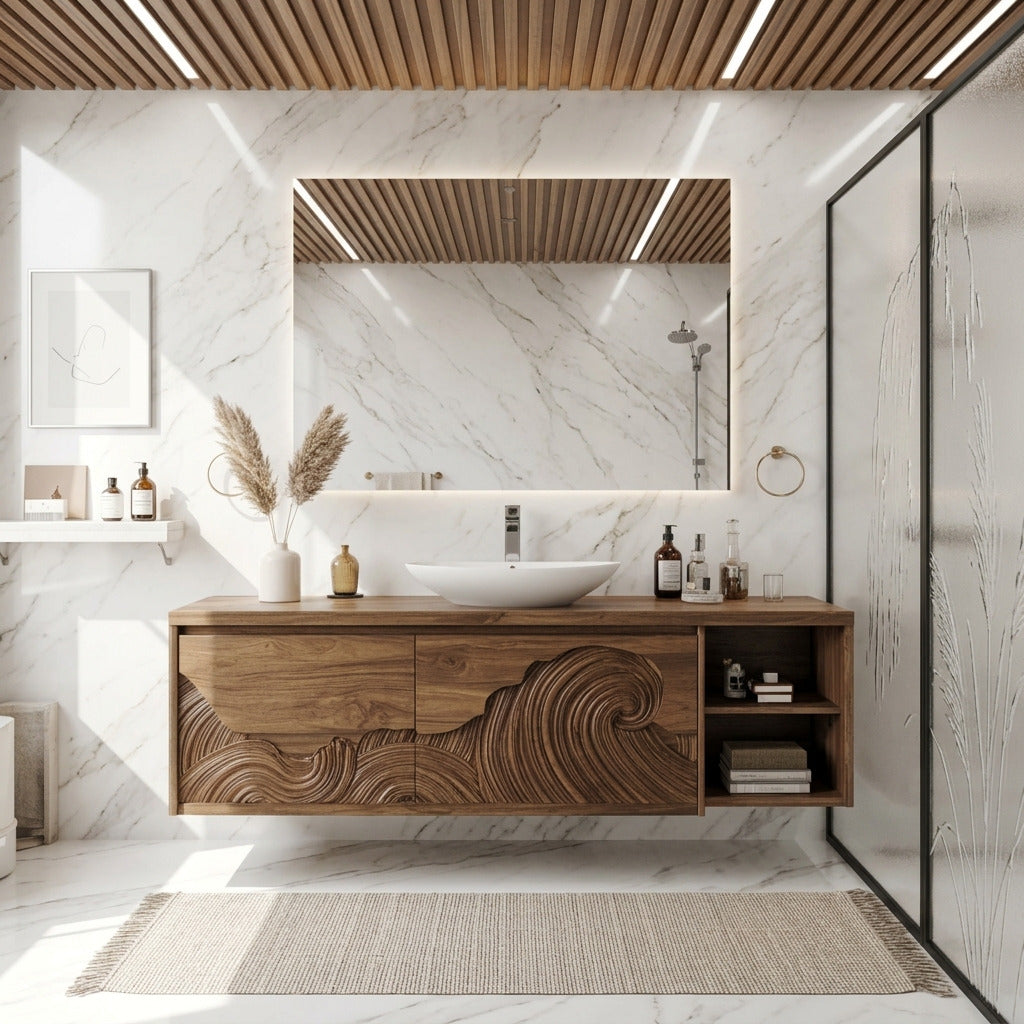 Ocean wave solid wood bathroom vanity in a contemporary bathroom