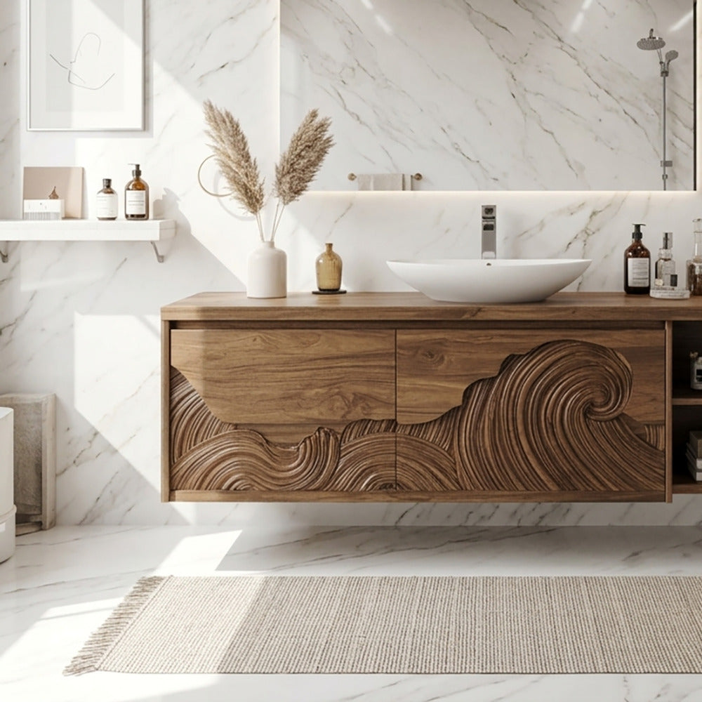 Modern floating solid wood vanity in a minimalist bathroom