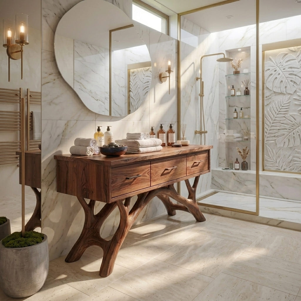 Sculptural live edge bathroom vanity crafted from premium solid wood