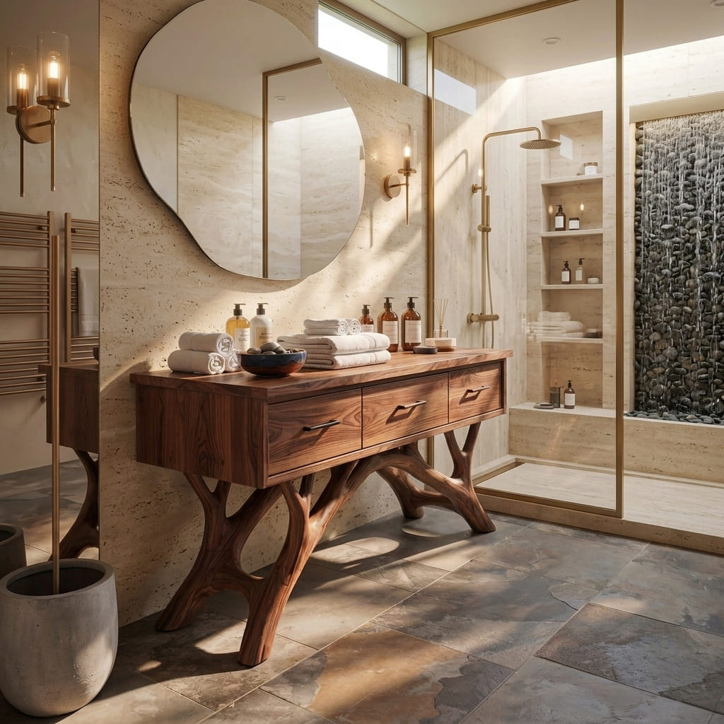 Organic modern bathroom vanity styled in a luxury spa-inspired bathroom