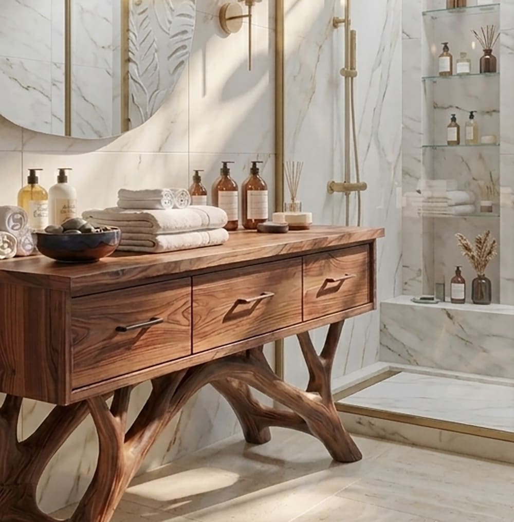 Handcrafted bathroom vanity designed with natural wood character and functional storage