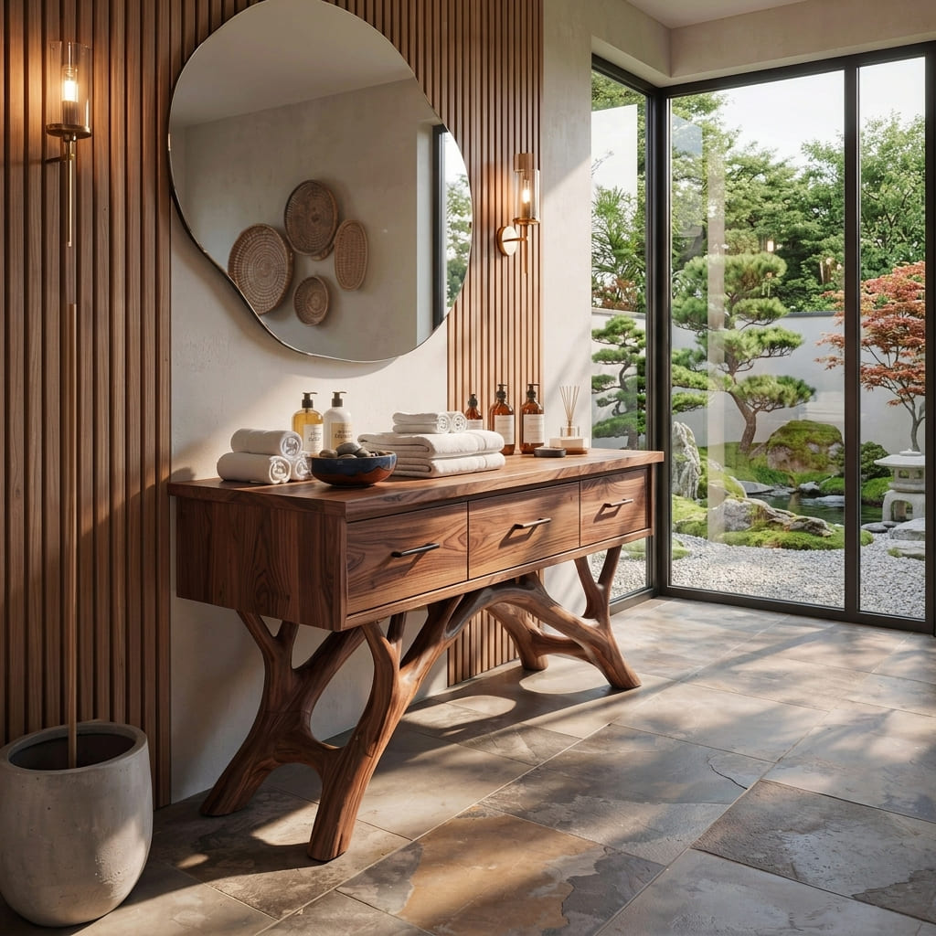 Organic modern bathroom vanity styled in a luxury spa-inspired bathroom