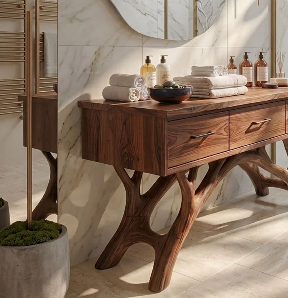 Solid wood bathroom vanity featuring organic live edge details and sculptural craftsmanship