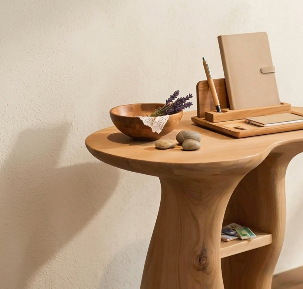 Organic modern live edge accent table featuring handcrafted solid wood construction