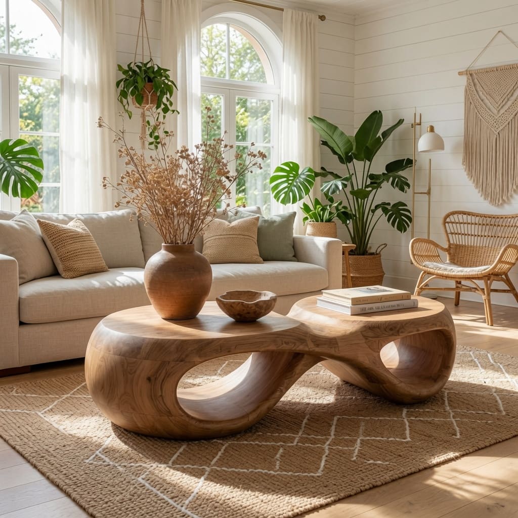 Organic hardwood coffee table paired with minimalist living room décor
