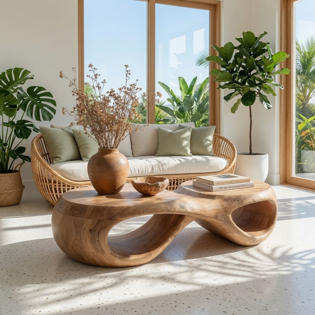 Live edge sculptural center table enhancing a luxury biophilic living space