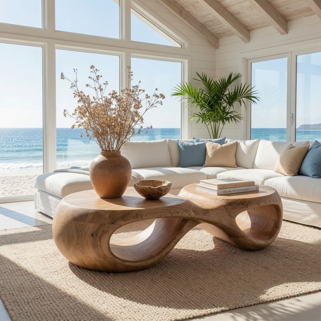 Sculptural organic live edge solid wood coffee table in a modern living room