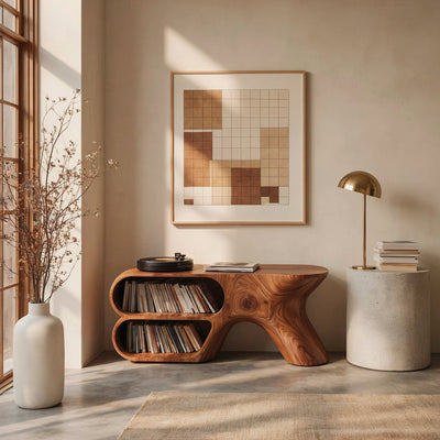 Sculptural Organic Solid Wood Record Player Stand with Vinyl Storage