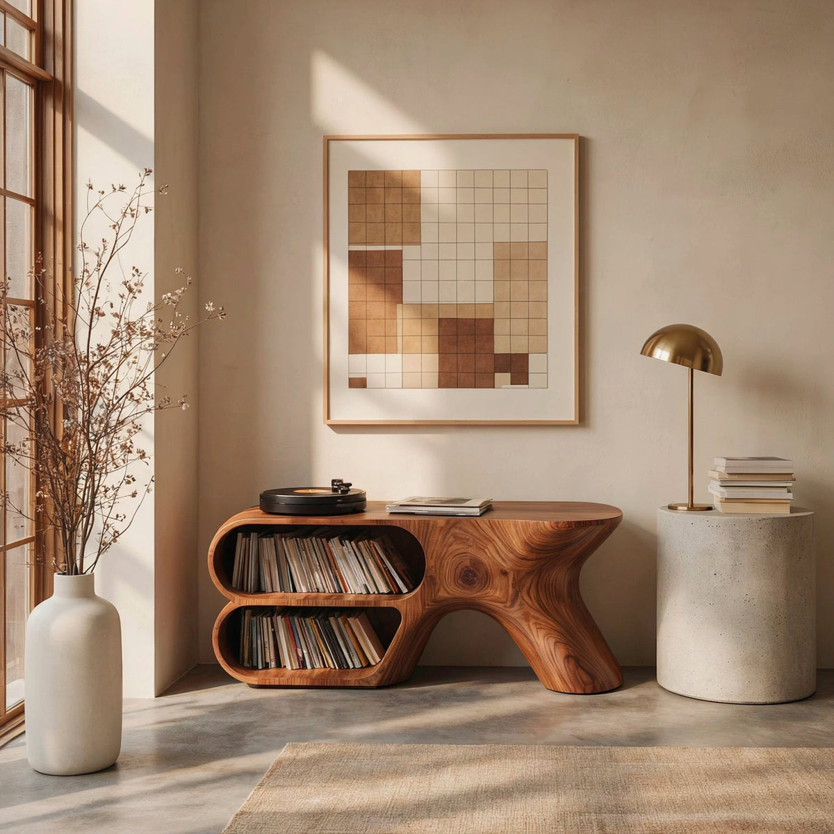 Sculptural organic record player stand in solid wood