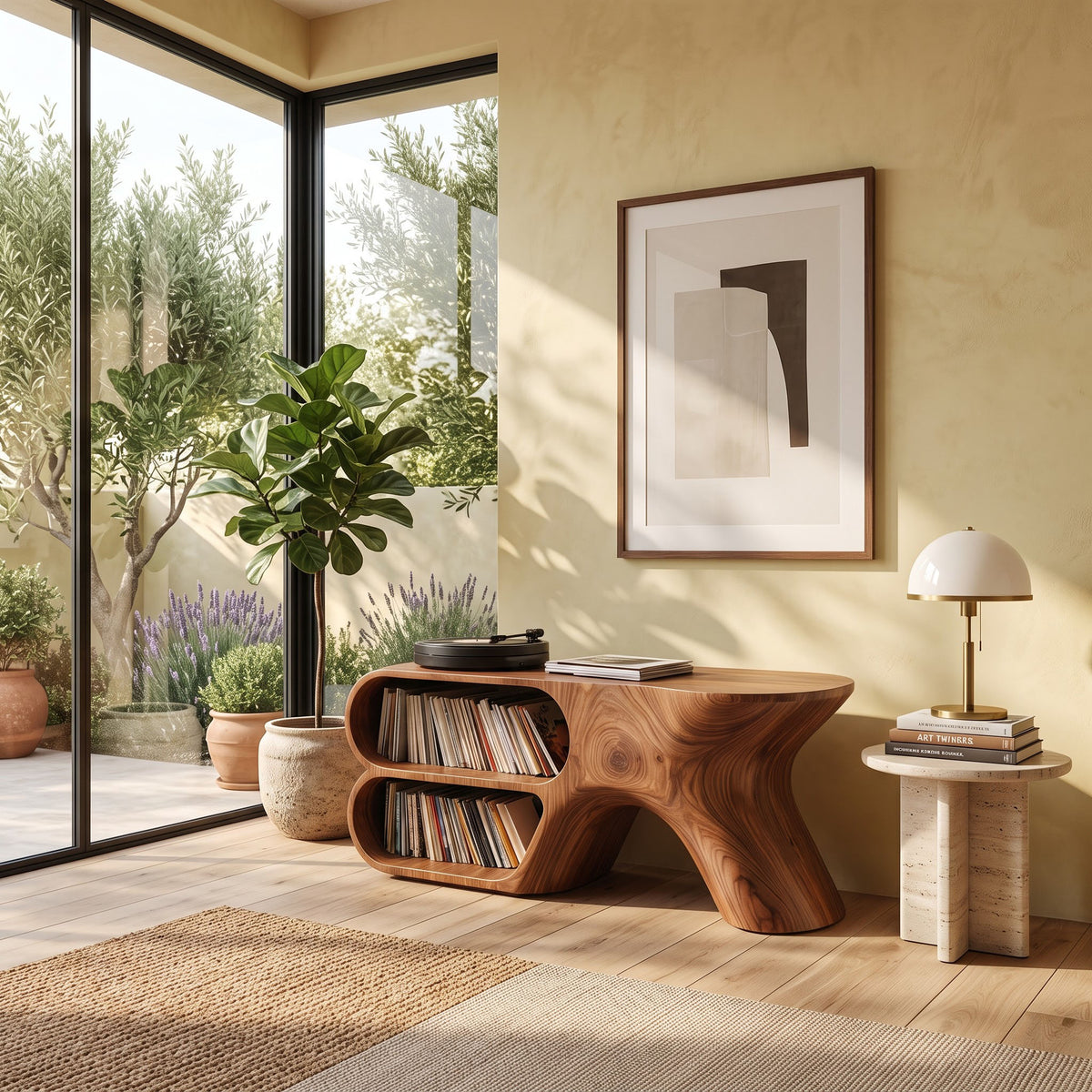 Sculptural solid wood record console enhancing a contemporary home interior