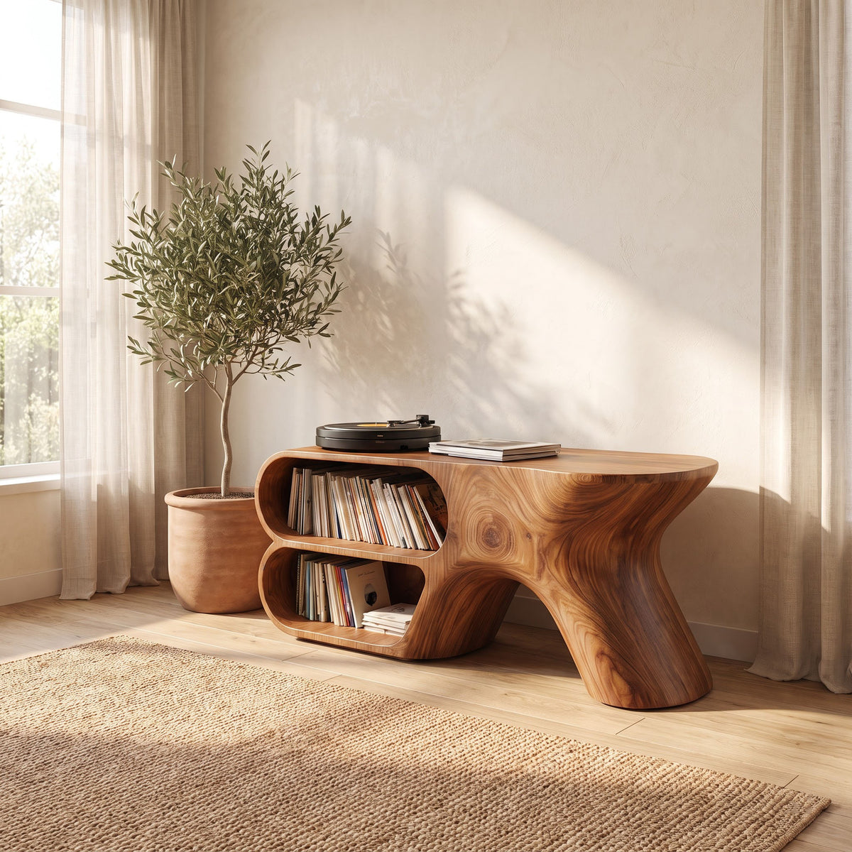 Solid wood record player stand showcased as a statement music furniture piece