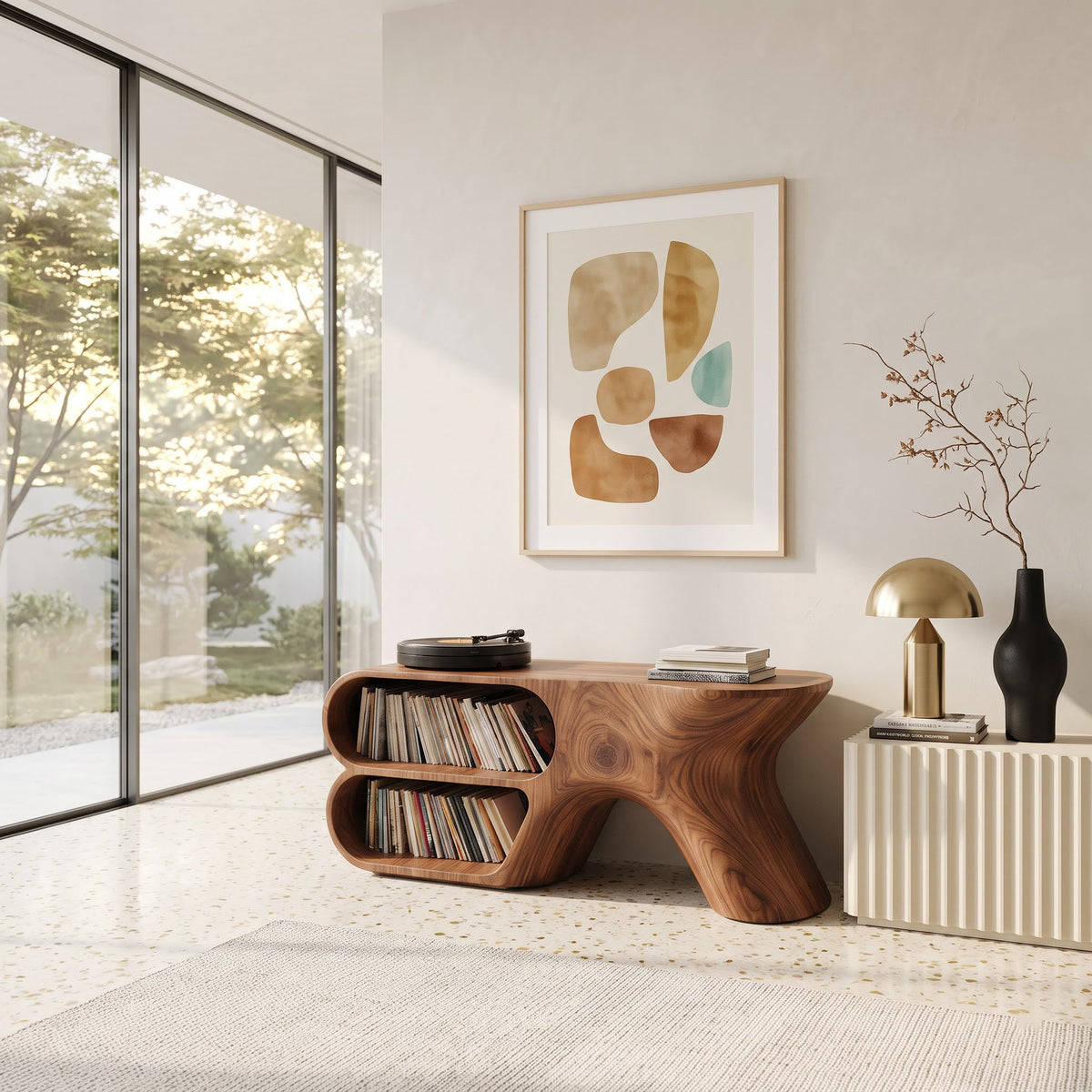 Organic solid wood vinyl storage stand styled in an elegant listening area