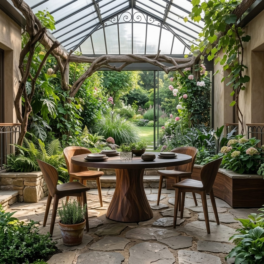 Handcrafted round solid wood table designed for elegant garden and patio dining