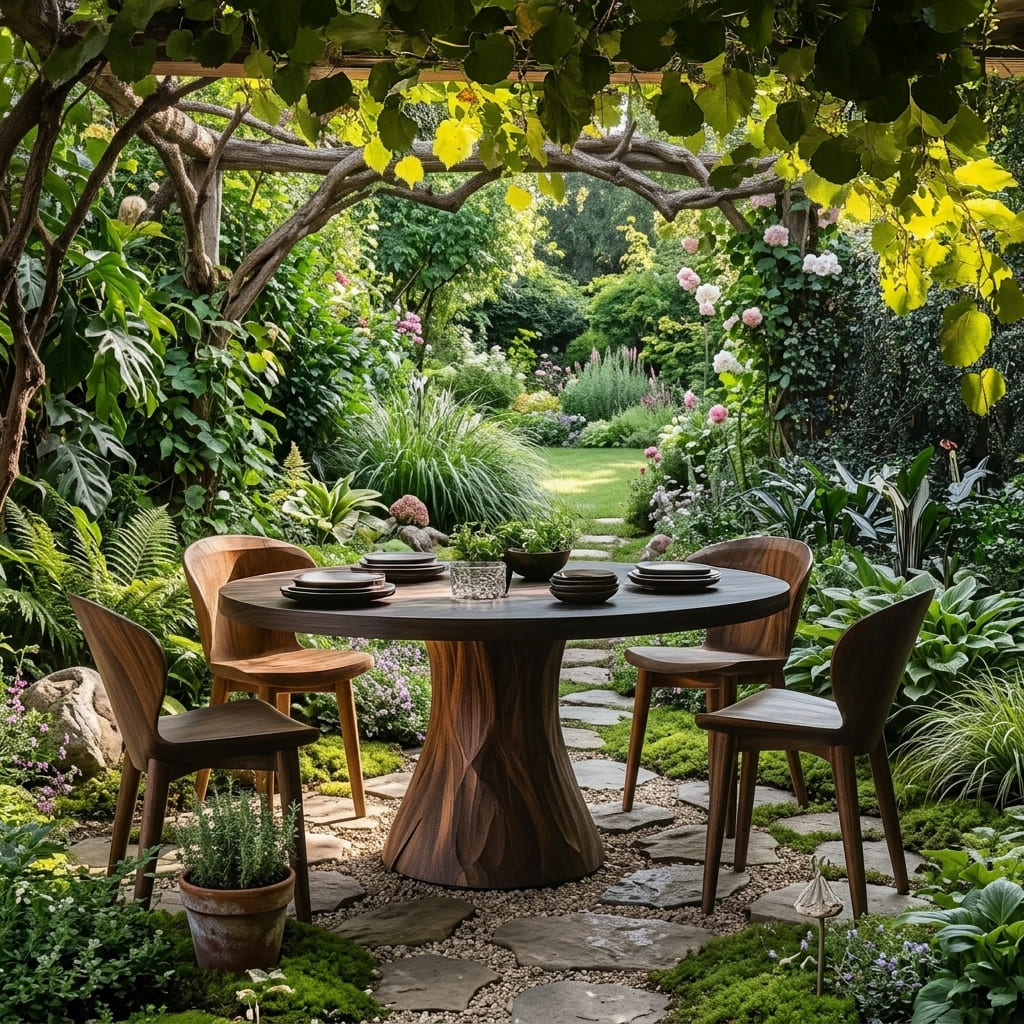 Solid wood round dining table styled in a contemporary garden setting