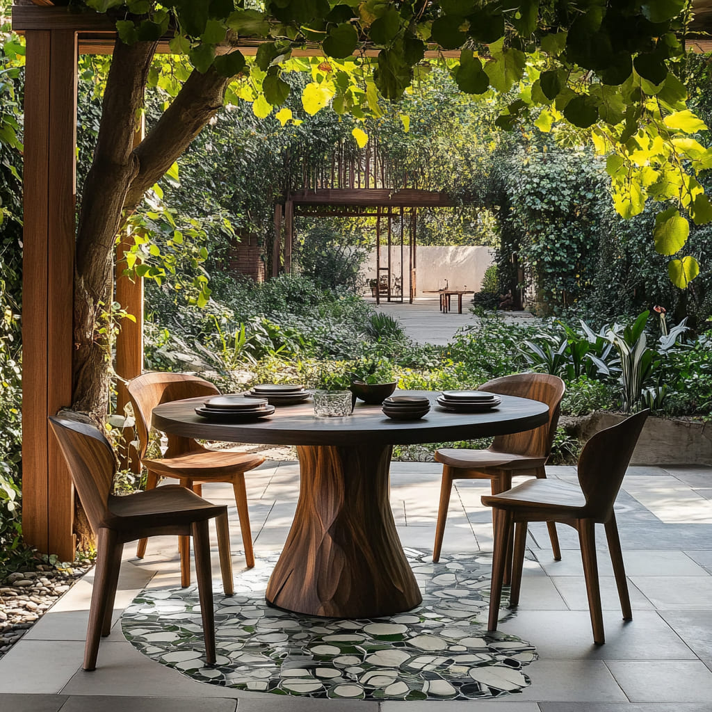 Sculptural round outdoor dining table crafted from premium solid wood
